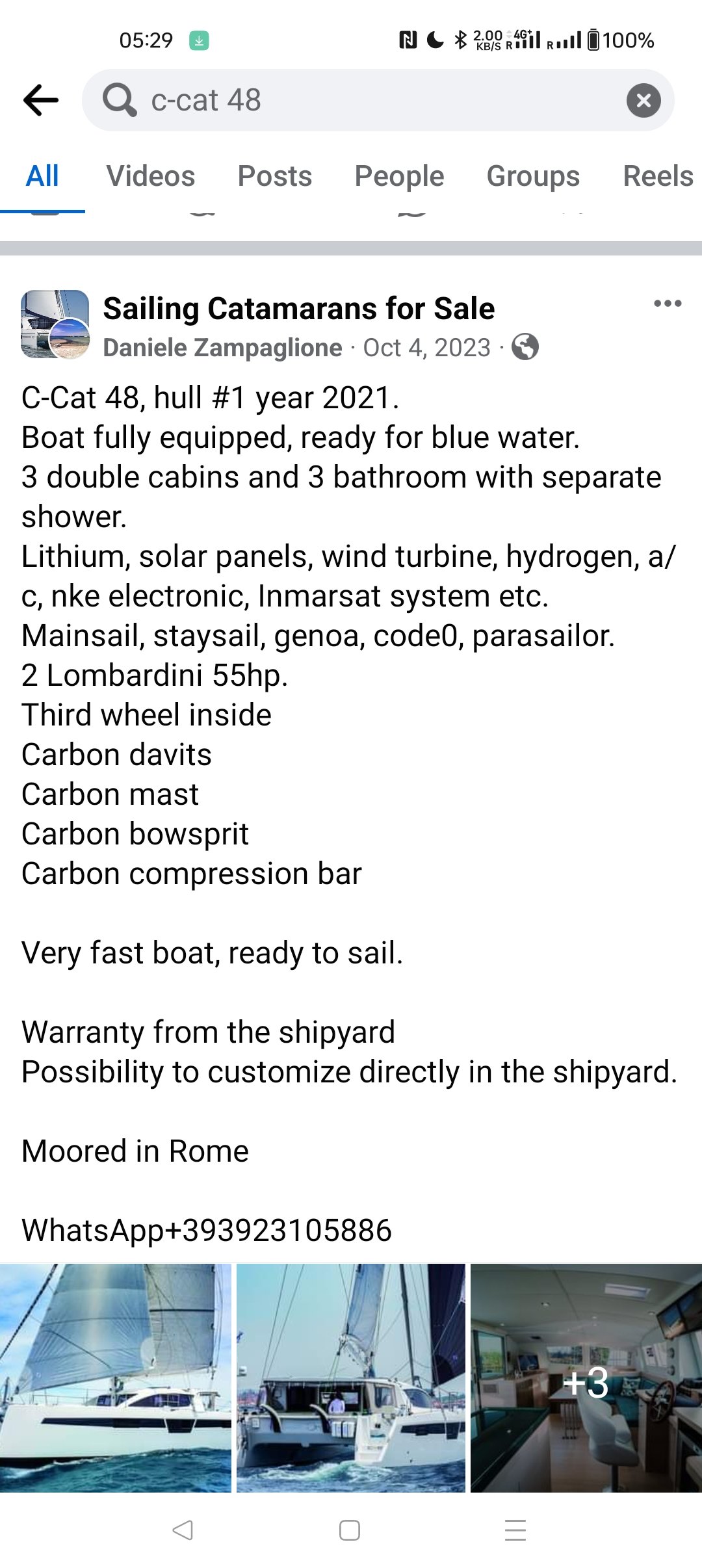 FB advertisement of C-cat 48 Anator by Comar C-Catamarans